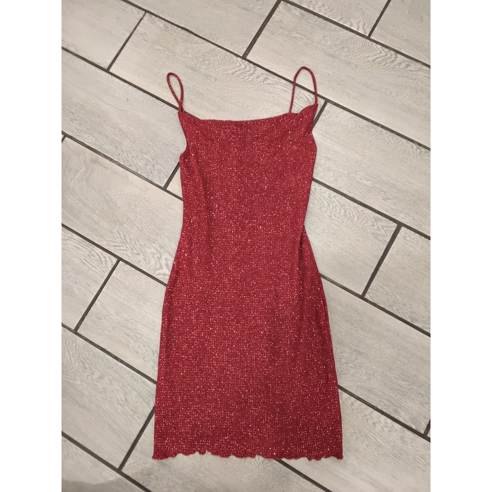 Hourglass Red Glitter Mini Dress Spaghetti Strap Bodycon Shimmer Party Small